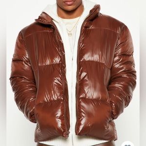High Collar Gloss Puffee Jacket - Chocolate